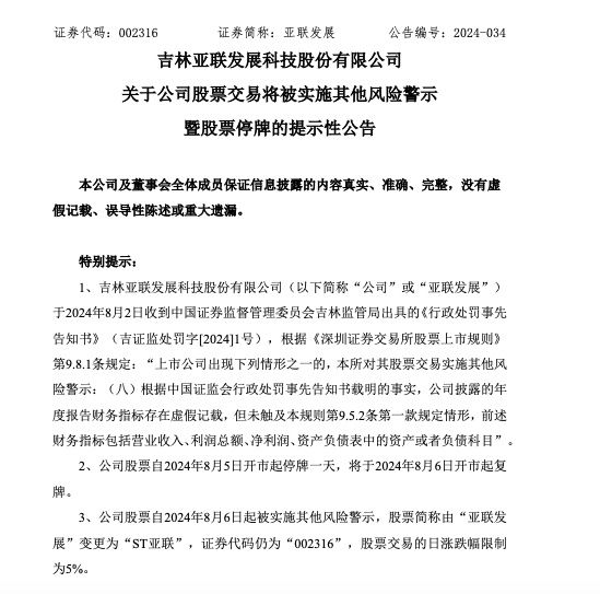 亚联发展收行政处罚事先告知书 股票停牌一天后变更为ST亚联