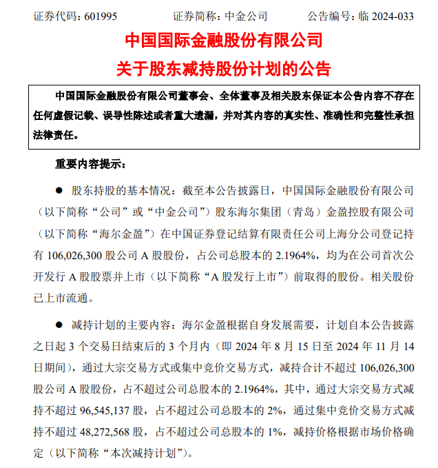 三股东清仓减持吓退中金股价 盘中一度破发 海尔金盈5次减持将套现135亿  第4张