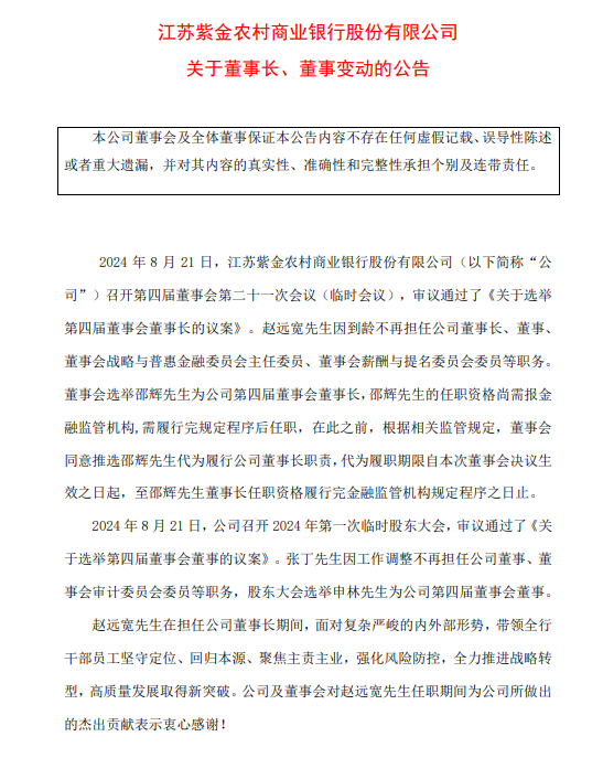 紫金银行：赵远宽因到龄不再担任公司董事长，选举邵辉为董事长  第1张