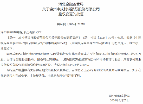 成都农商行增持旗下8家村镇银行 持股比例均由51%变更为60%  第1张