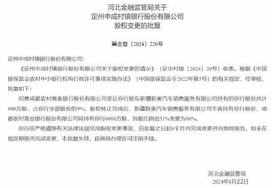 成都农商行增持旗下8家村镇银行 持股比例均由51%变更为60%  第2张