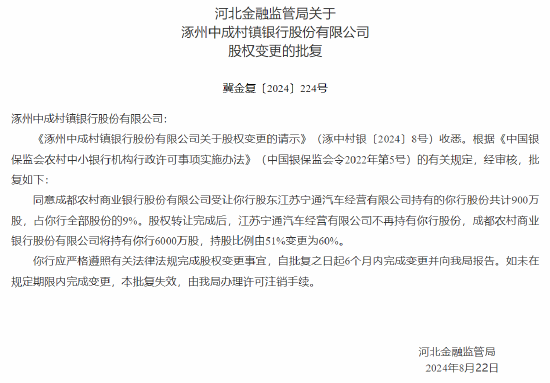 成都农商行增持旗下8家村镇银行 持股比例均由51%变更为60%  第4张