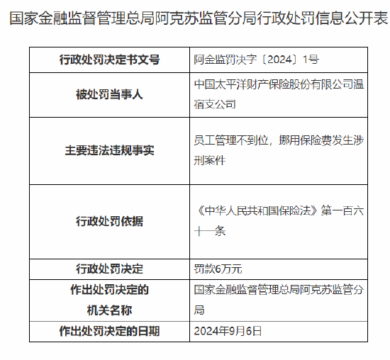 太平洋产险温宿支公司被罚6万元：员工管理不到位 挪用保险费发生涉刑案件  第1张