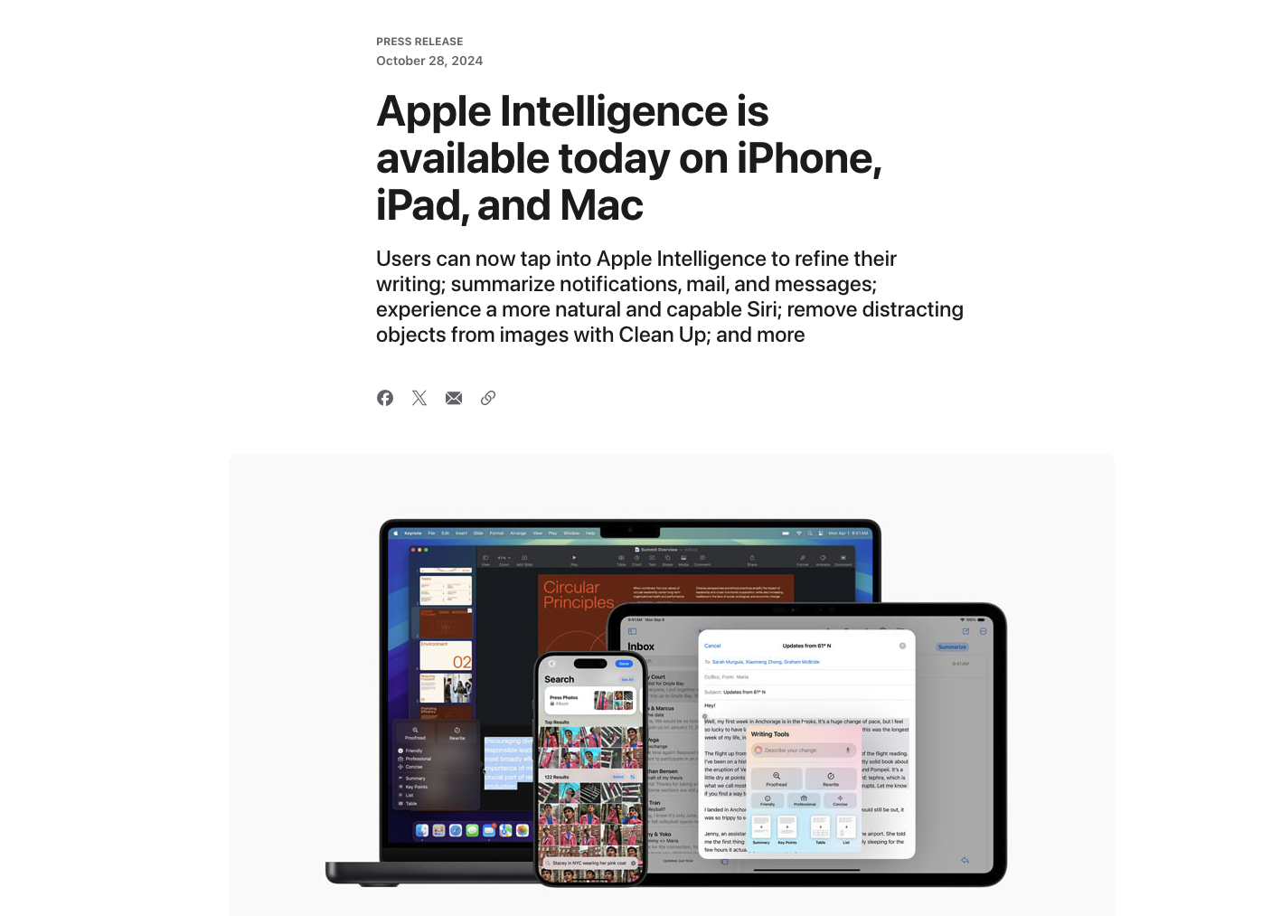 苹果正式上线Apple Intelligence 预告下一波更新将在12月到来  第1张