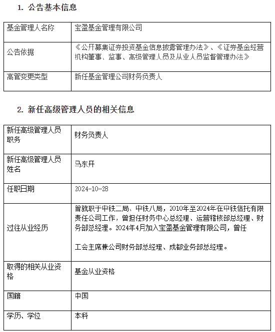 宝盈基金新任马东开为财务负责人  第1张