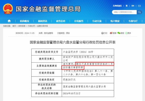 聘任不合格高管实际履职，安诚财险一支公司遭双罚，年内已有13家银行保险机构因此被罚  第1张